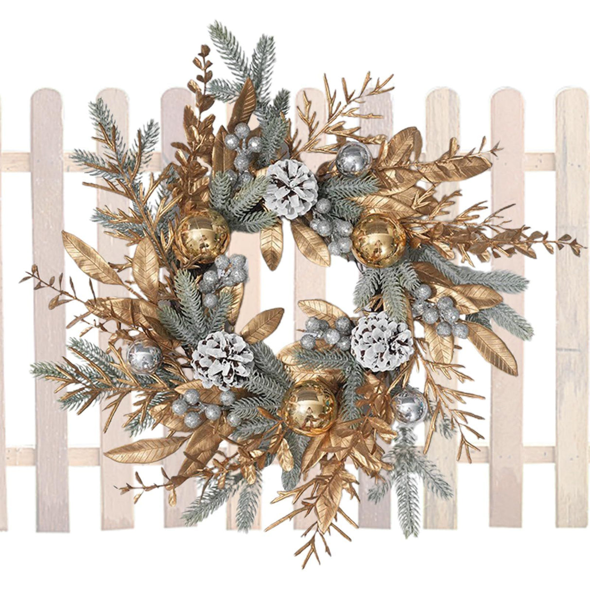 20 Inch Christmas Wreath, Christmas Pinecone Wreath, Gold Christmas Balls Pinecone Wreath, Artificial Pinecone Berry Wreath