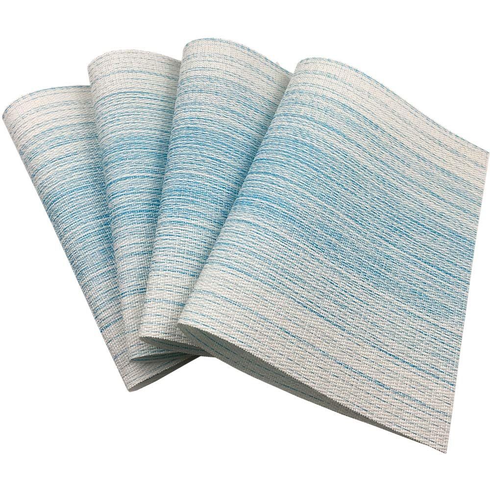 Blending Color Durable Woven Vinyl Placemat Washable Heat-Resistant Anti-Skid Kitchen Dining Table Mats (Set of 4,Blue with White)