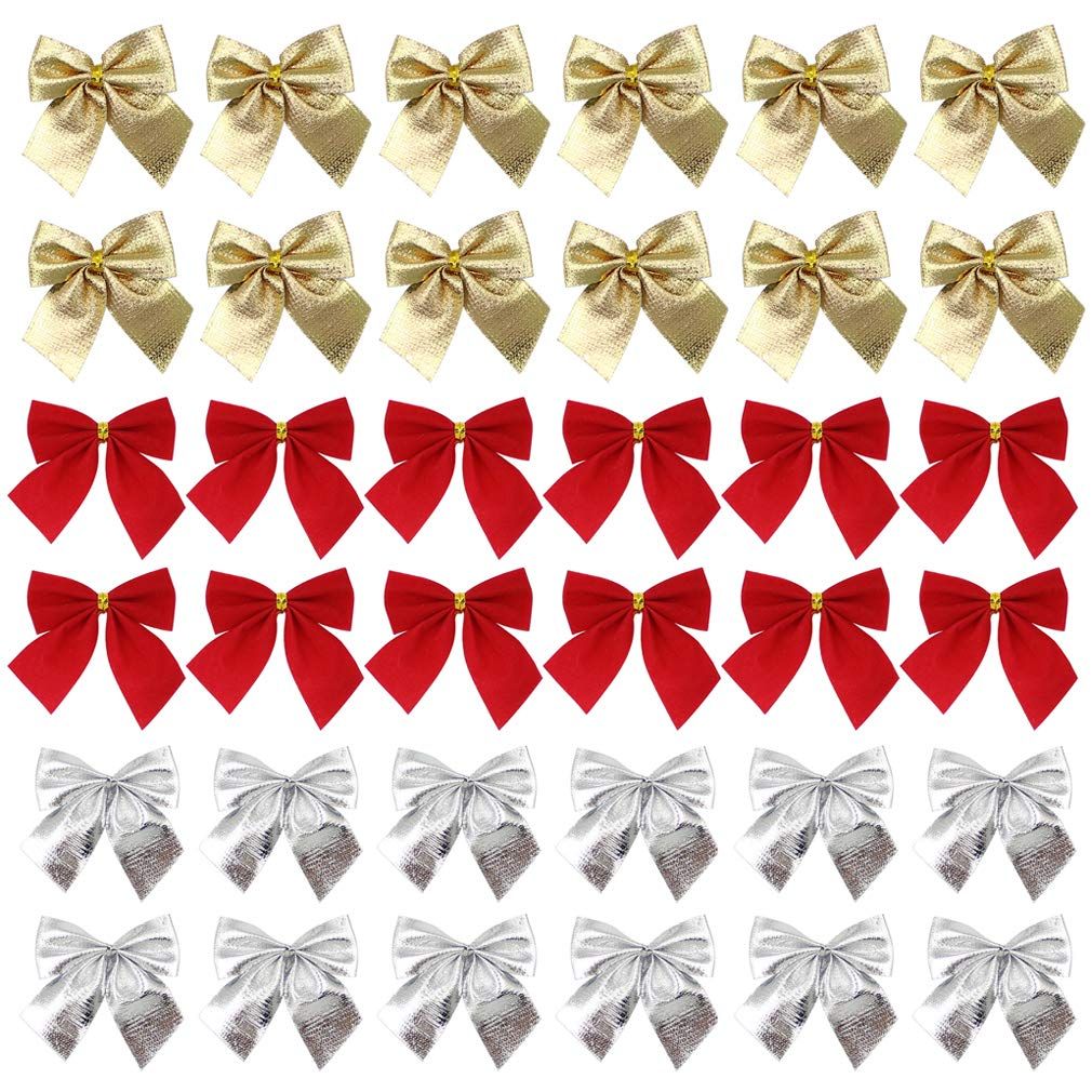 36 Pack Golden Silver Red Christmas Bow Christmas Tree Hanging Decoration Wreath Gifts Wedding Party Bowknot Decoration