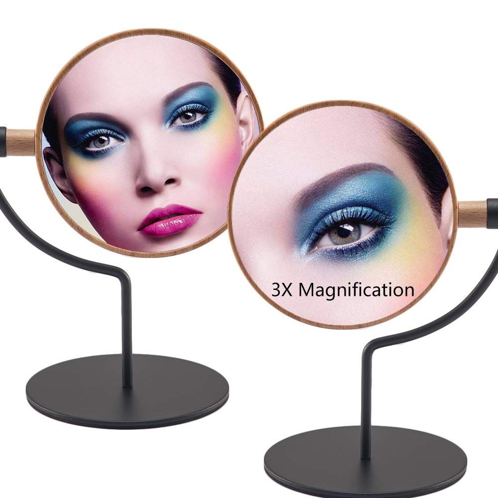 Desk Table Mirror with Mental Stand, 3X Magnification Small Wooden Desktop Mirror,360° Rotation Countertop Mirror for Makeup