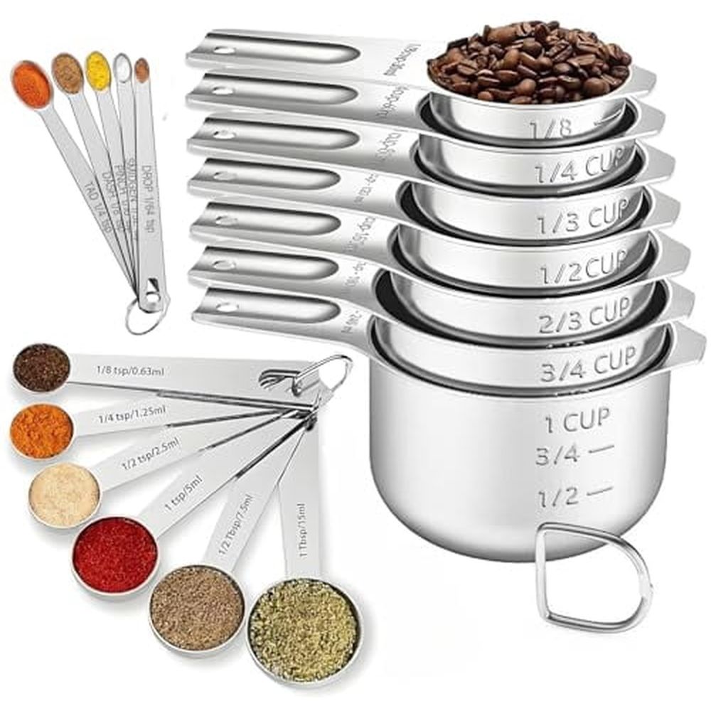 18PCS Measuring Cups and Spoons Set,Include 7 Nesting Measuring Cups,6 Measuring Spoons and 5 Mini Spoons,Stainless Steel Metal Measuring Set,Kitchen Gadgets for Cooking & Baking