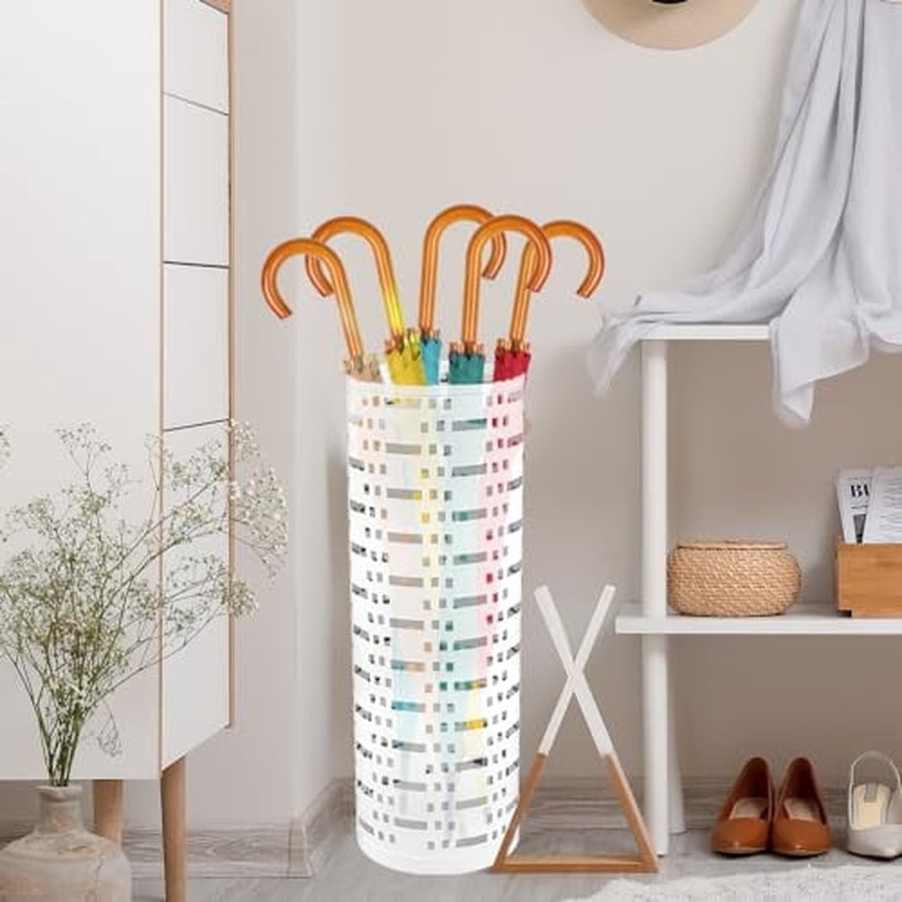 Umbrella Stand Rack,Free Standing Round Metal Umbrella Holder,Walking Sticks Umbrella Bins Waterproof Umbrella Storage Rack 16.5 x 6 inch Hollow Umbrella Storage Bucket for Indoor Home Office(white)