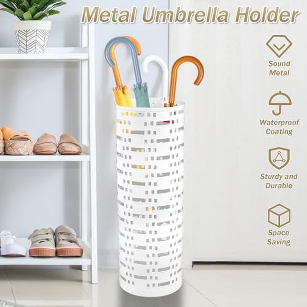 Umbrella Stand Rack,Free Standing Round Metal Umbrella Holder,Walking Sticks Umbrella Bins Waterproof Umbrella Storage Rack 16.5 x 6 inch Hollow Umbrella Storage Bucket for Indoor Home Office(white)