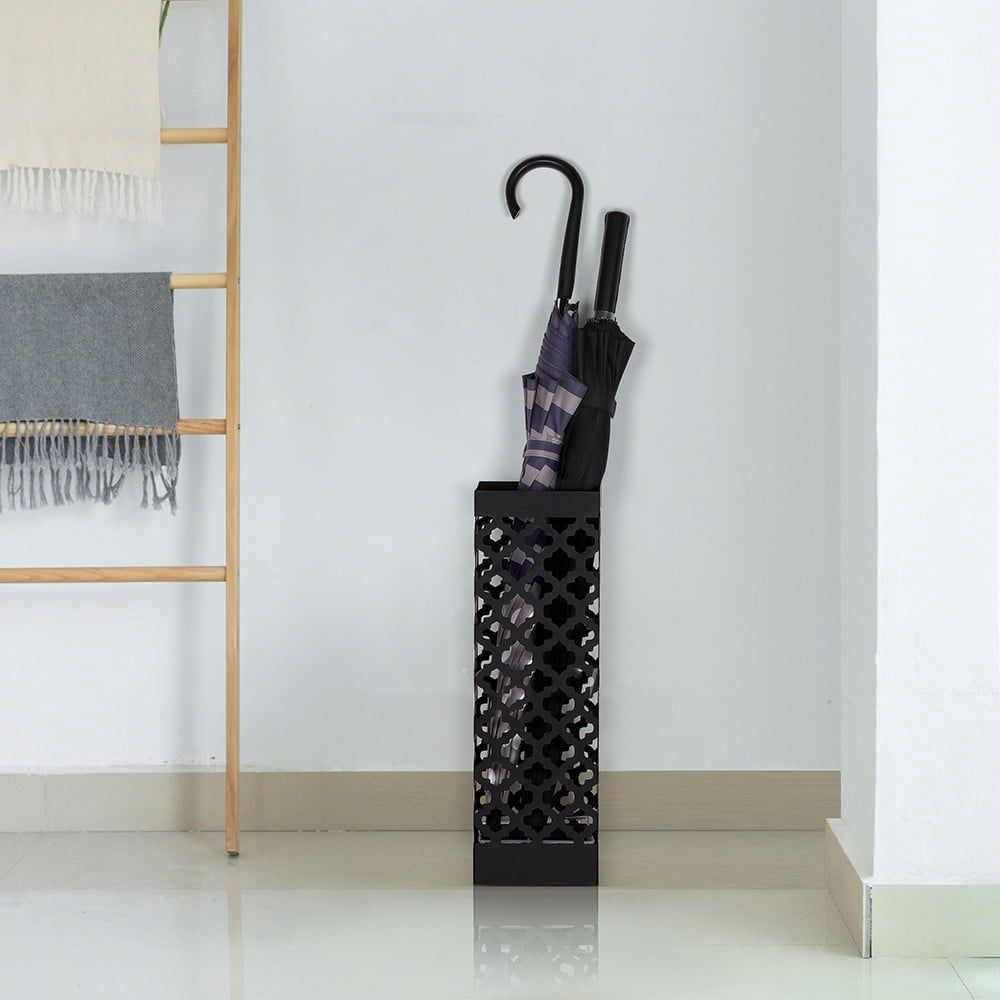 Square Umbrella Stand Rack Metal Umbrella Holder with Drip Tray For Home Office Decoration,Black