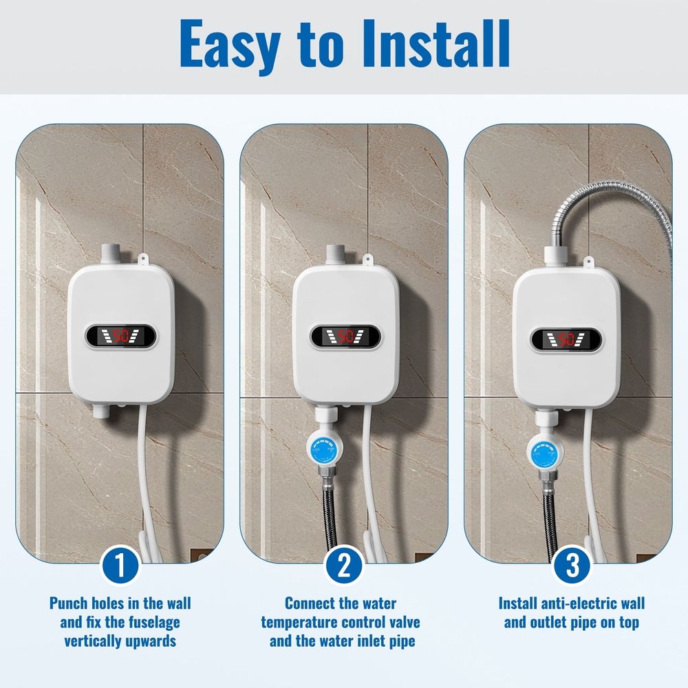3500W Electric Tankless Water Heater Shower Head Set with LCD Display,Instant Hot Water for Home Use,White