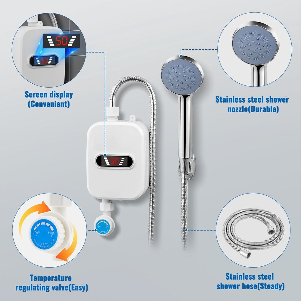 3500W Electric Tankless Water Heater Shower Head Set with LCD Display,Instant Hot Water for Home Use,White