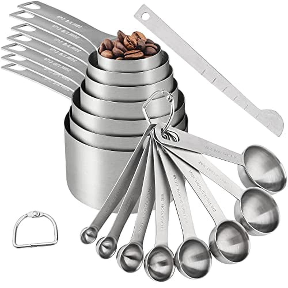 Measuring Cups and Spoons Set of 15 Pcs,7 Stainless Steel Stackable Heavy Measuring Cups,8 Measuring Spoons,Metal Measuring Spoons and Cups for Dry or Wet Ingredients During Baking.