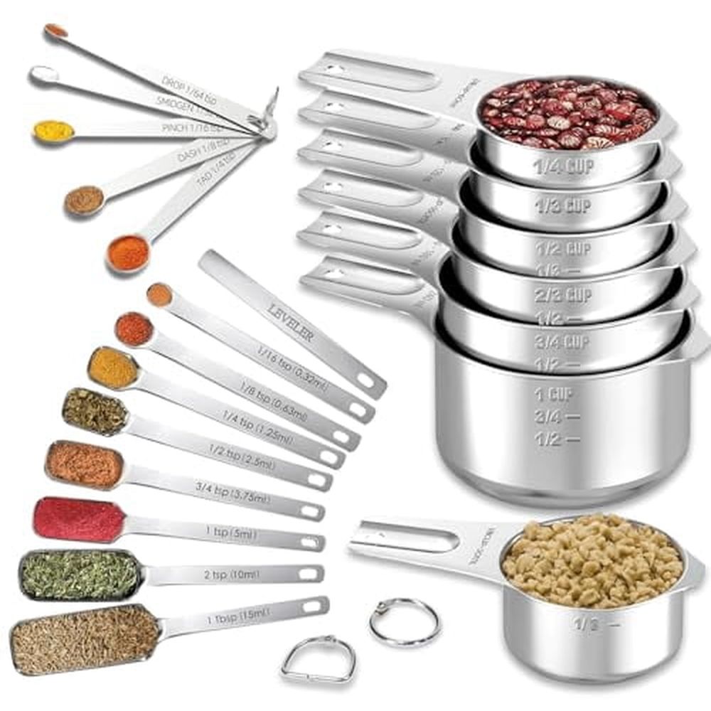 21 Pieces Measuring Cups and Spoons Set - Includes 7 Stainless Steel Measuring Cups,8 Rectangular & 5 Mini Measuring Spoons with Leveler Fits Spice Jars,Ideal for Dry and Liquid Ingredients