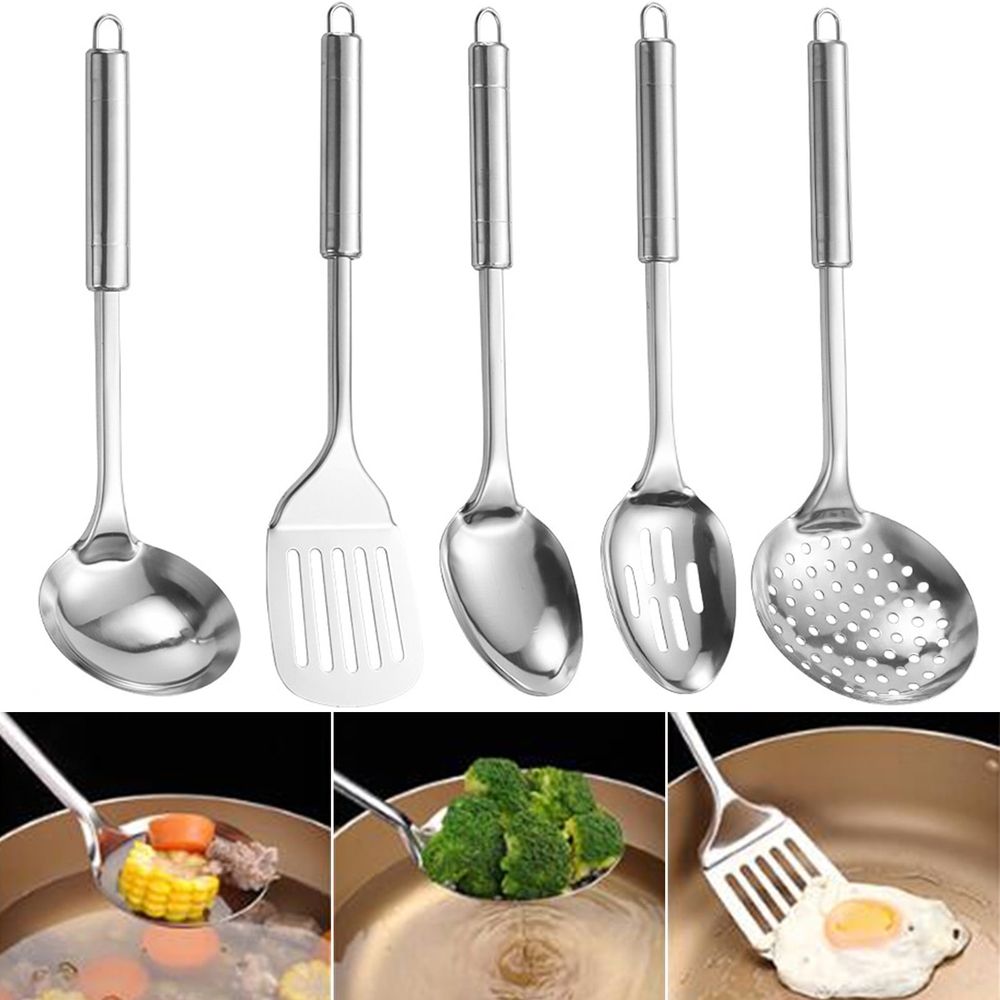 Rust-resistant Stainless Steel Kitchen Utensils 5-piece Stainless Steel Kitchen Utensils Set with Ergonomic Handle Hanging Hole Heat Resistant