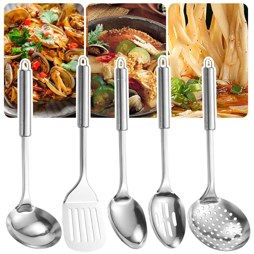 Rust-resistant Stainless Steel Kitchen Utensils 5-piece Stainless Steel Kitchen Utensils Set with Ergonomic Handle Hanging Hole Heat Resistant