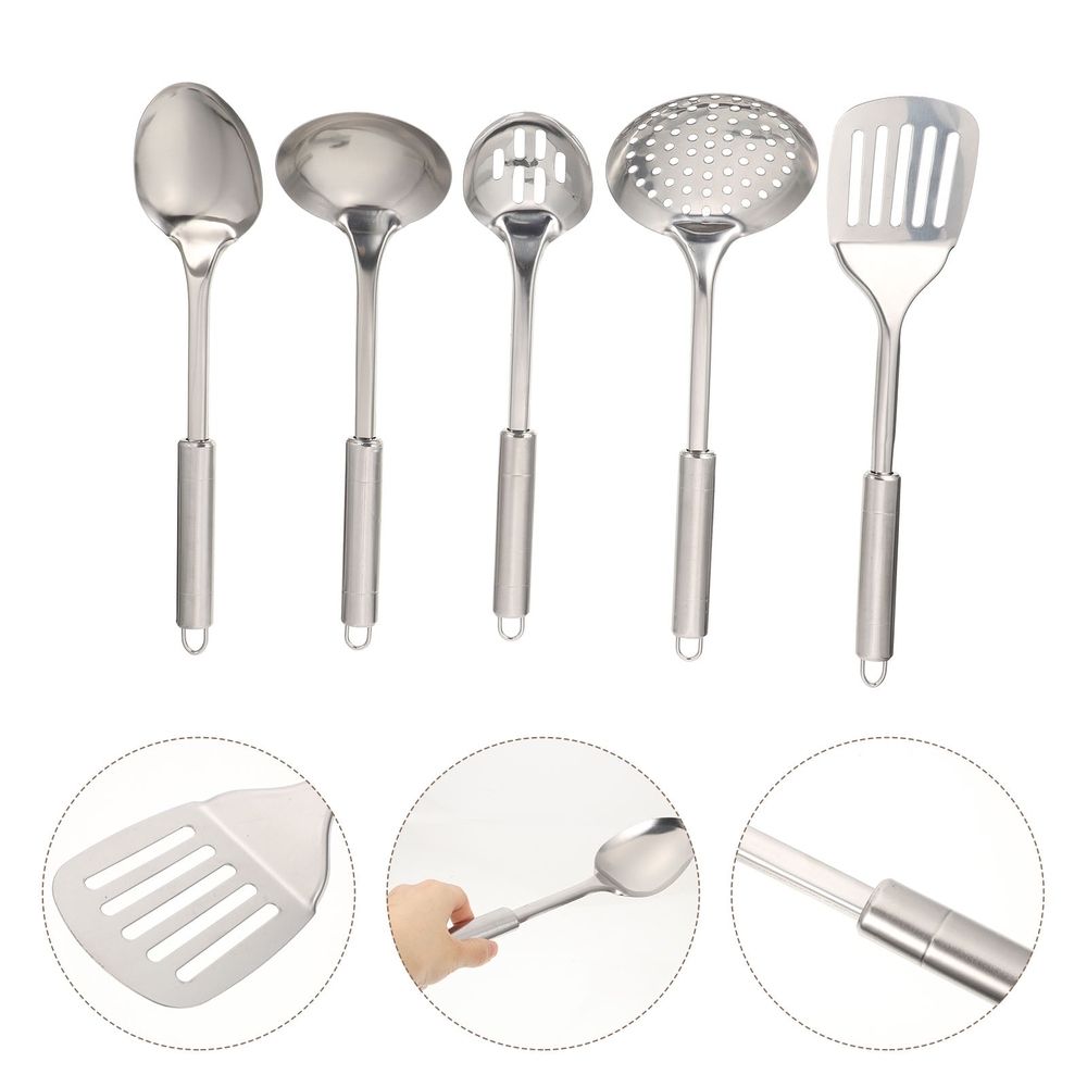 304 Stainless Steel Kitchen Utensil Set,5 Piece,Ergonomic Stay-Cool Hollow Handles,Dishwasher Safe,Silver