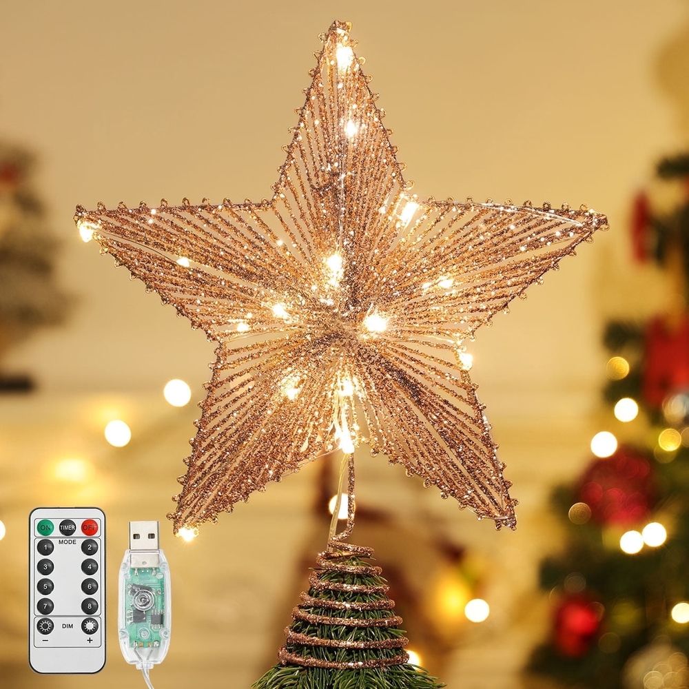 Christmas Star Tree Topper,USB Powered Remote Controlled Star Tree Topper with Lights and Sequins for Holiday Xmas Decoration,Rose Gold