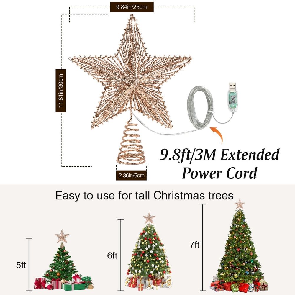 Christmas Star Tree Topper,USB Powered Remote Controlled Star Tree Topper with Lights and Sequins for Holiday Xmas Decoration,Rose Gold