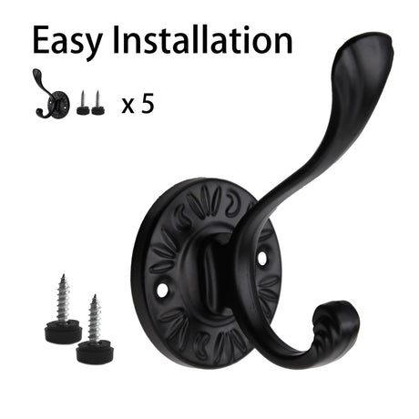 5pcs Black Coat Hooks Wall Mounted Coat Hooks Farmhouse Matte Black Wall Hooks with Screws Metal Matte Black Towel Hooks