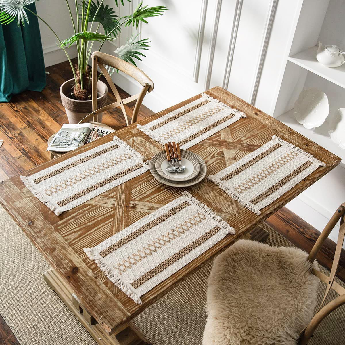 Placemats Set of 4, Place Mats for Kitchen Table 12x19 Inches, Burlap Splicing Woven Rectangular Table Mats, Farmhouse Style Table