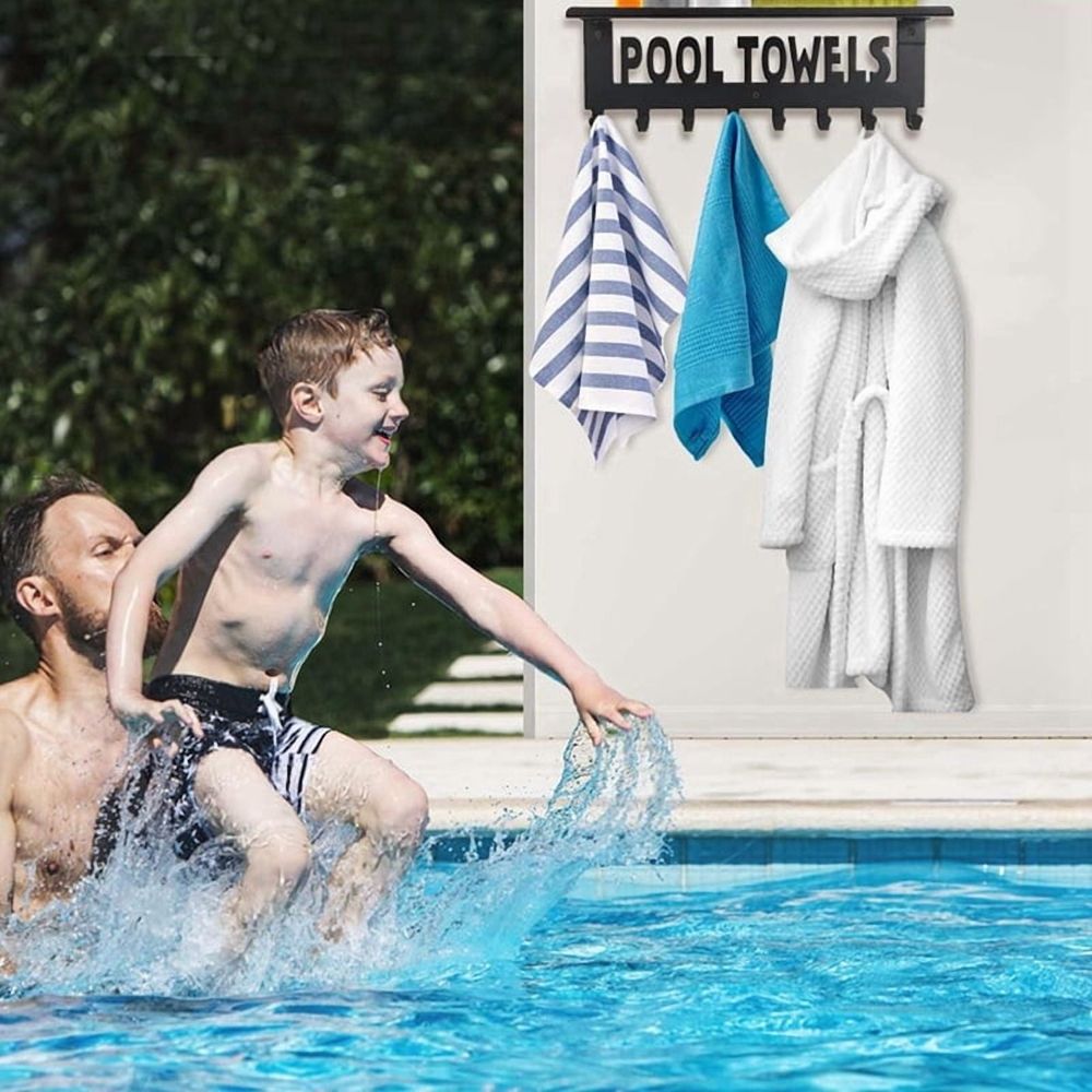 Pool Towel Racks with Shelf Outdoor Pool Decor Wall Mount Towel Hooks Towel Holder with 8 Hooks Towel Storage Hanger
