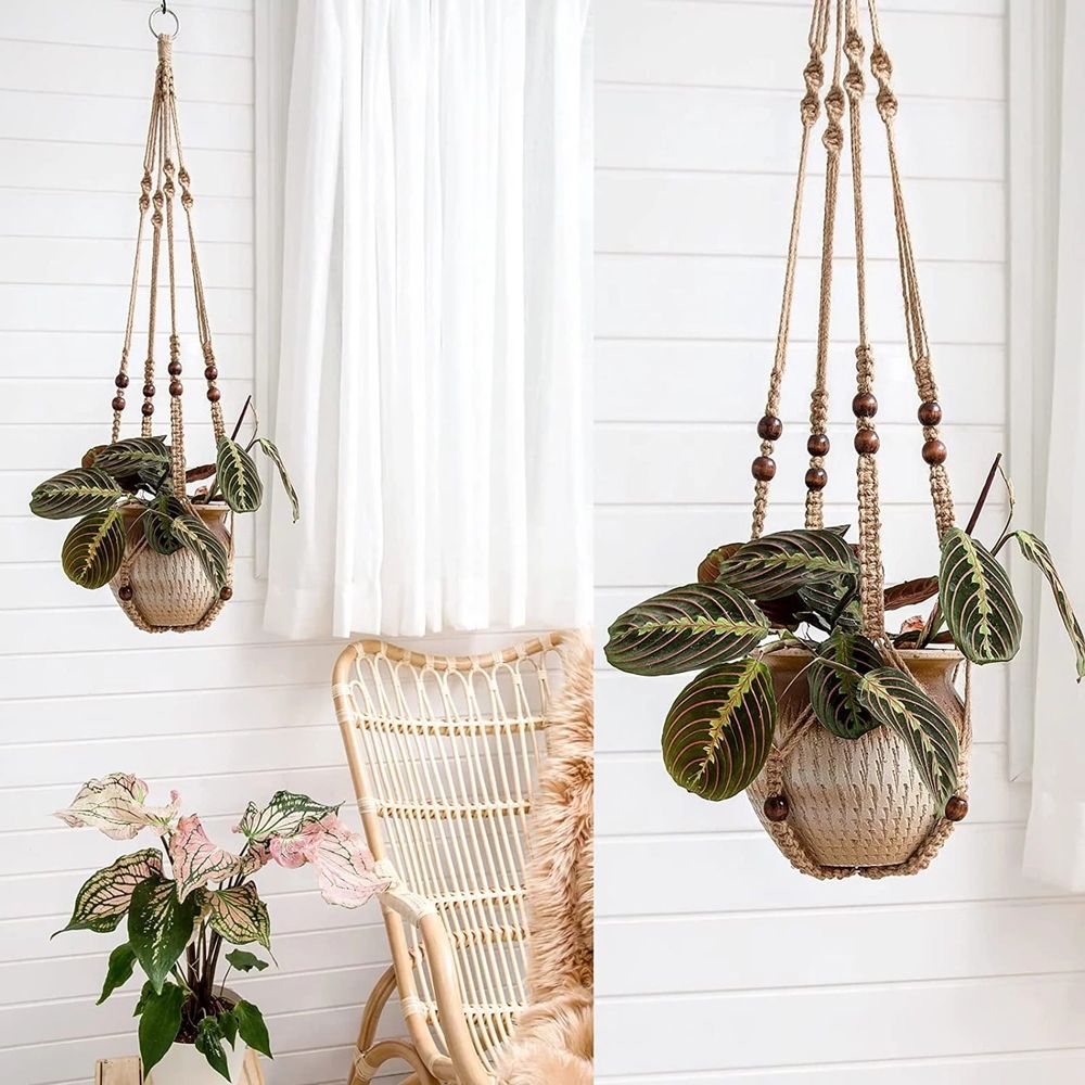 Indoor Jute Hanging Planter Basket With Wood Beads Decorative Flower Pot Holder No Tassels For Indoor Outdoor Boho Home Decor 35 Inch Brown