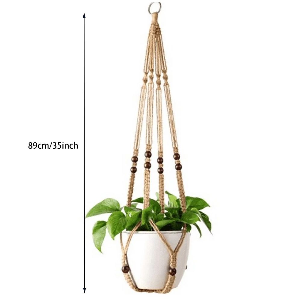 Indoor Jute Hanging Planter Basket With Wood Beads Decorative Flower Pot Holder No Tassels For Indoor Outdoor Boho Home Decor 35 Inch Brown
