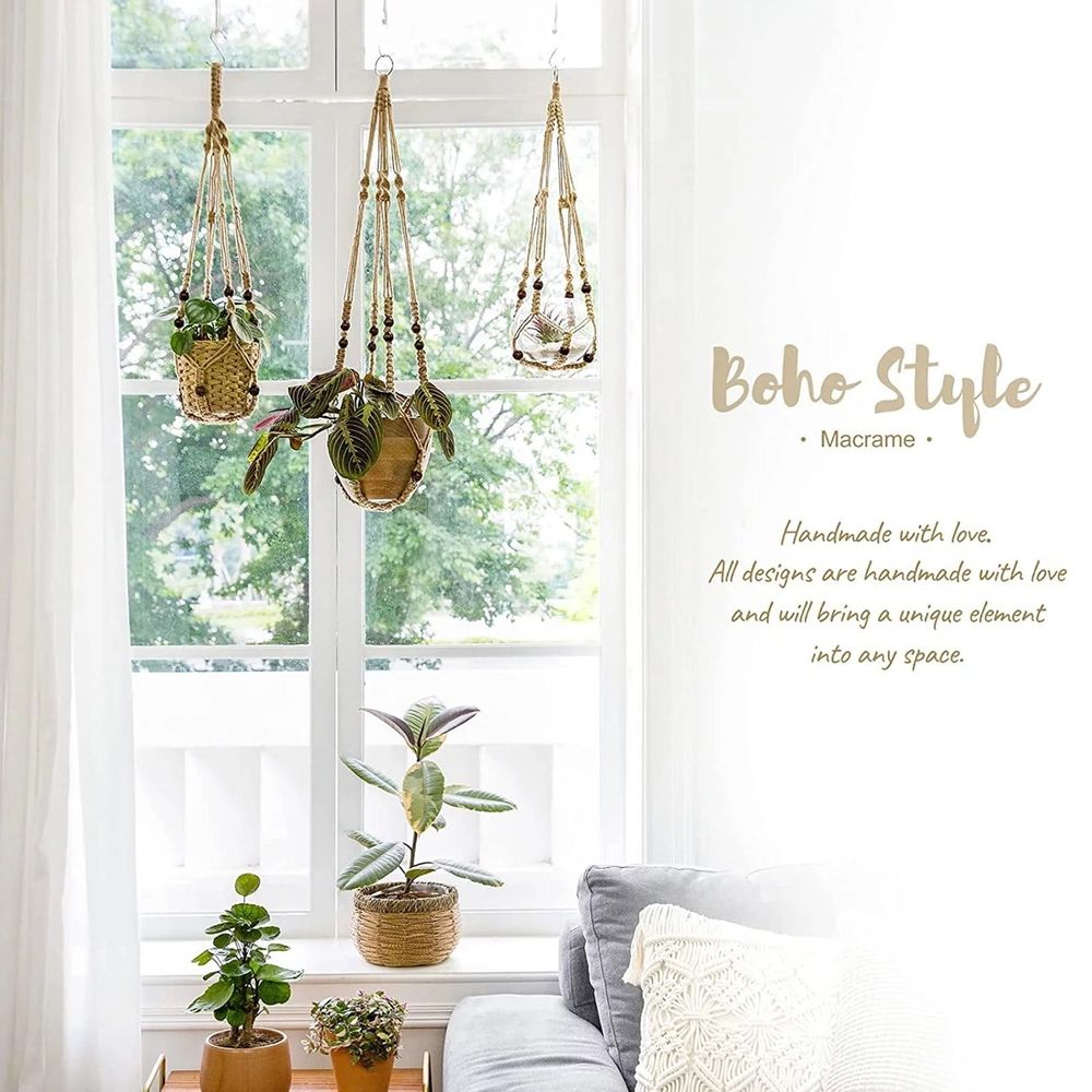 Indoor Jute Hanging Planter Basket With Wood Beads Decorative Flower Pot Holder No Tassels For Indoor Outdoor Boho Home Decor 35 Inch Brown