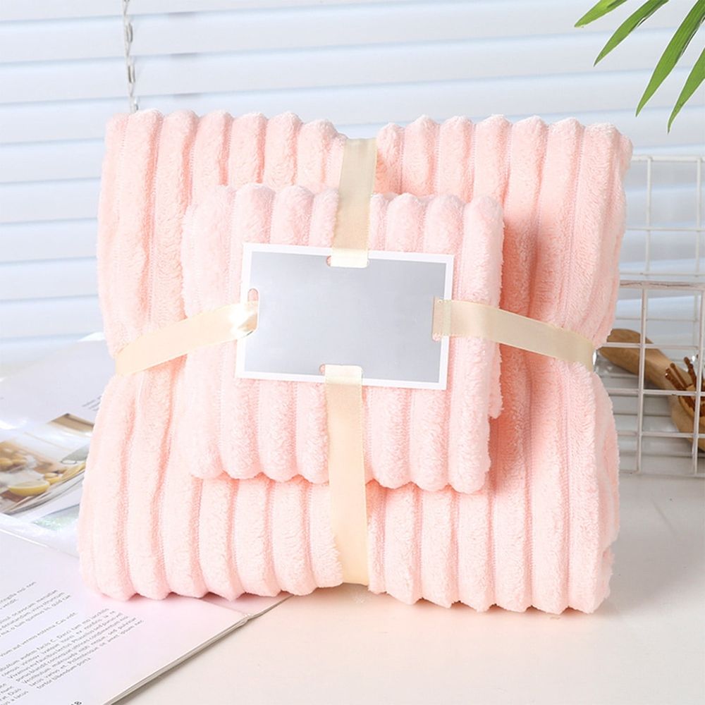 2 Piece Towel Set for Bathroom, Velvet Striped Soft Absorbent Towel Set, 1 Bath Towel 27.56x55.12 In and 1 Hand Towel 13.78x29.53 In, Pink