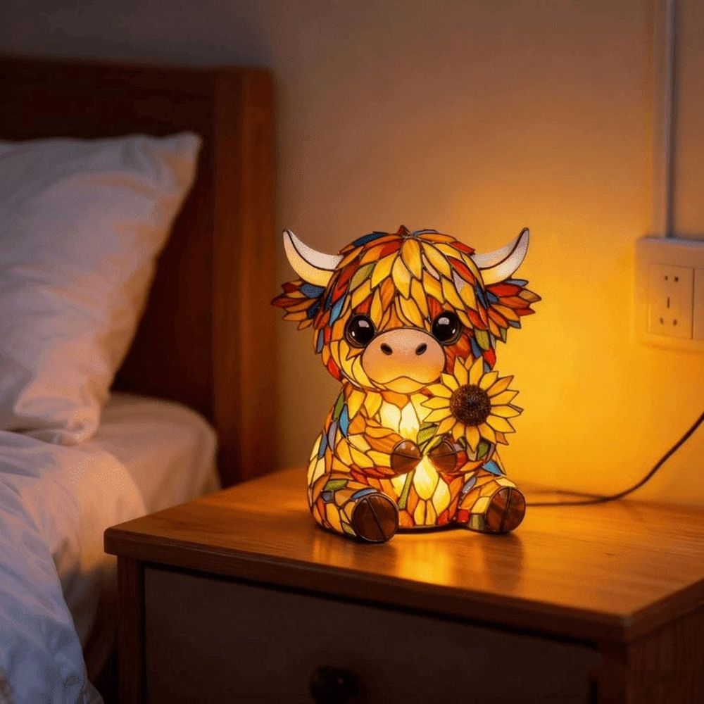 Cow Sunflower Lamp, Stained Glass Style Resin Night Light, USB Powered Warm LED Cow Decor, 9 Inch Whimsical Animal Lamp for Bookshelf Nightstand Office