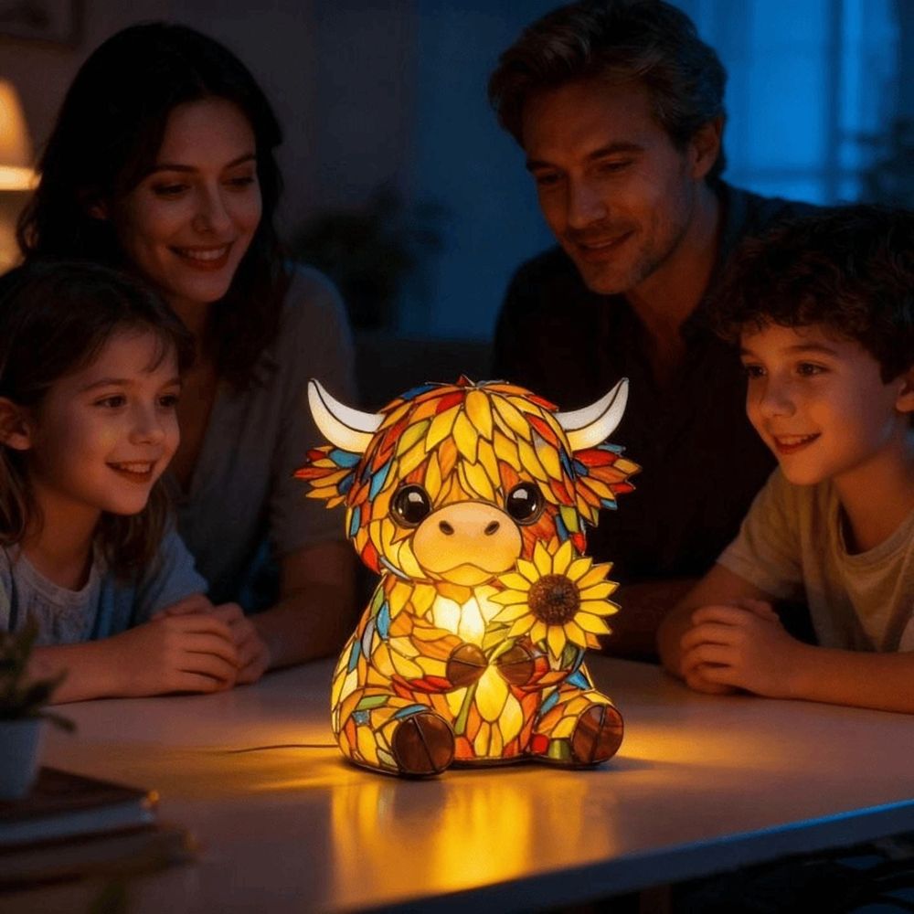 Cow Sunflower Lamp, Stained Glass Style Resin Night Light, USB Powered Warm LED Cow Decor, 9 Inch Whimsical Animal Lamp for Bookshelf Nightstand Office