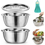 Multifunctional Stainless Steel Mixing Bowls Set with Colander Strainer & Shredding Lid, All-in-One Kitchen Basin for Fruit Vegetable Washing Draining Food Prep