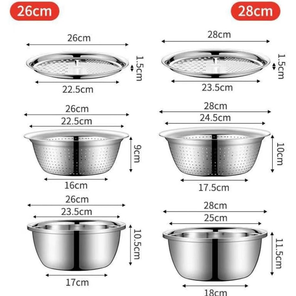 Multifunctional Stainless Steel Mixing Bowls Set with Colander Strainer & Shredding Lid, All-in-One Kitchen Basin for Fruit Vegetable Washing Draining Food Prep