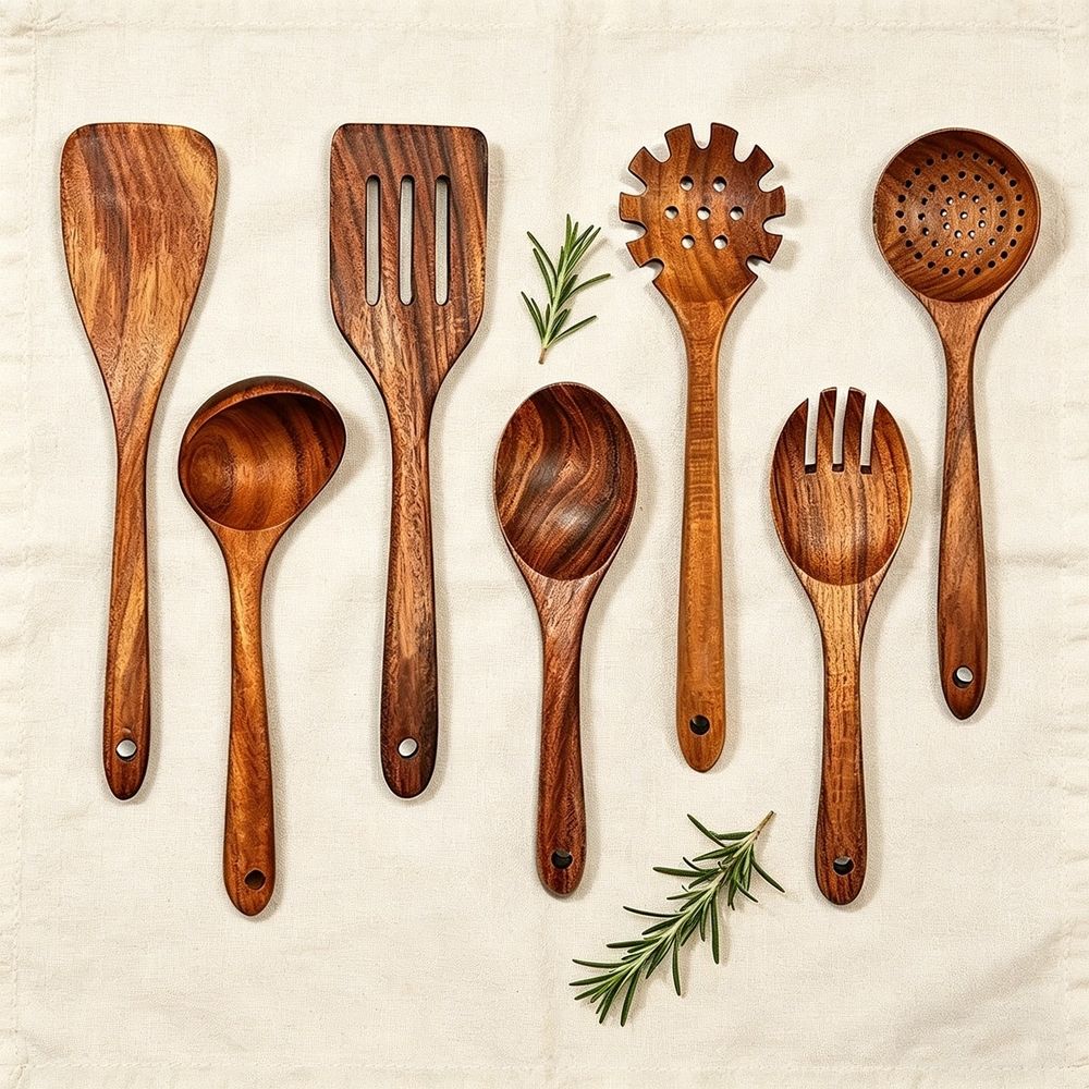 7 Piece Natural Teak Wood Kitchen Utensil Set, Handmade Wooden Cooking Tools for Non-Stick Cookware, Heat Resistant Spatula and Spoon Set with Salad Fork