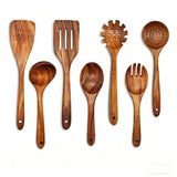 7 Piece Natural Teak Wood Kitchen Utensil Set, Handmade Wooden Cooking Tools for Non-Stick Cookware, Heat Resistant Spatula and Spoon Set with Salad Fork