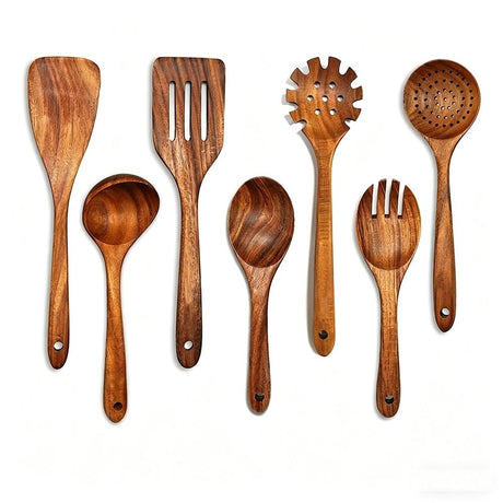7 Piece Natural Teak Wood Kitchen Utensil Set, Handmade Wooden Cooking Tools for Non-Stick Cookware, Heat Resistant Spatula and Spoon Set with Salad Fork