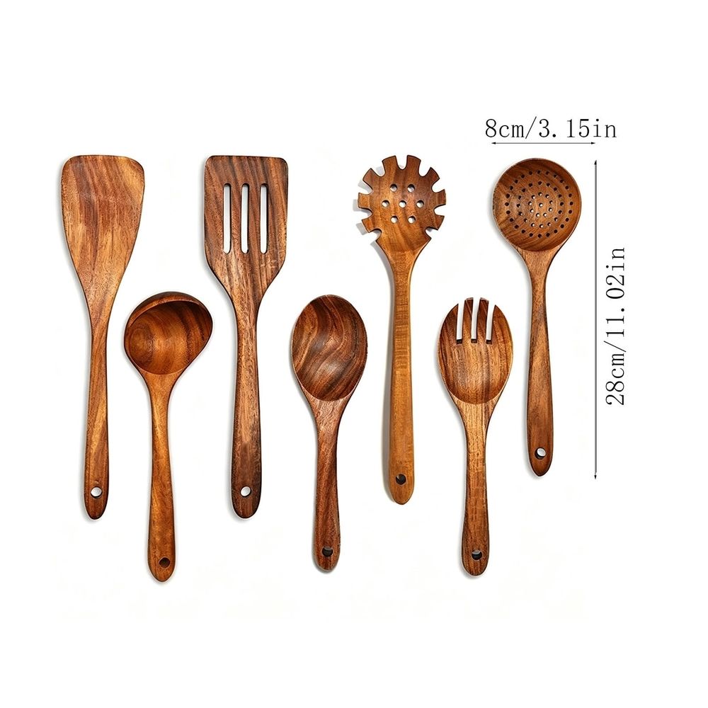 7 Piece Natural Teak Wood Kitchen Utensil Set, Handmade Wooden Cooking Tools for Non-Stick Cookware, Heat Resistant Spatula and Spoon Set with Salad Fork