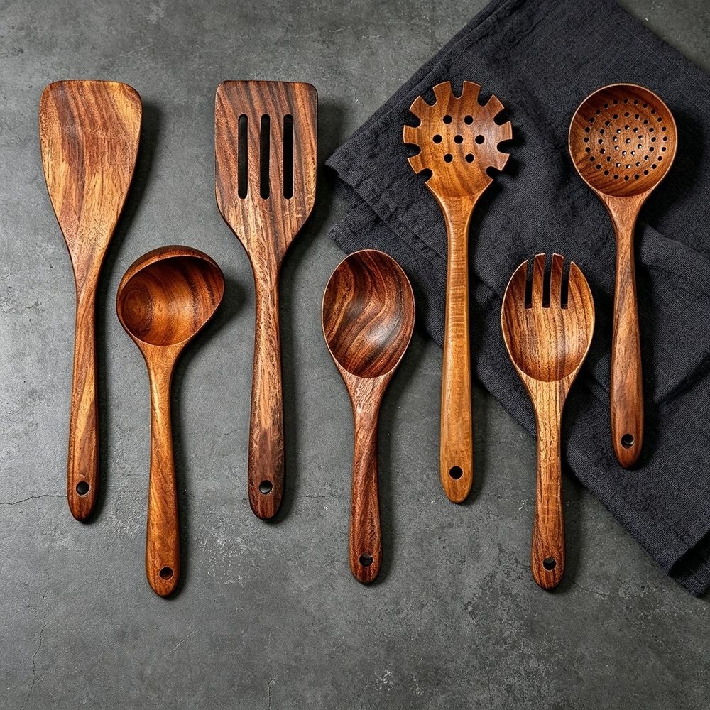 7 Piece Natural Teak Wood Kitchen Utensil Set, Handmade Wooden Cooking Tools for Non-Stick Cookware, Heat Resistant Spatula and Spoon Set with Salad Fork