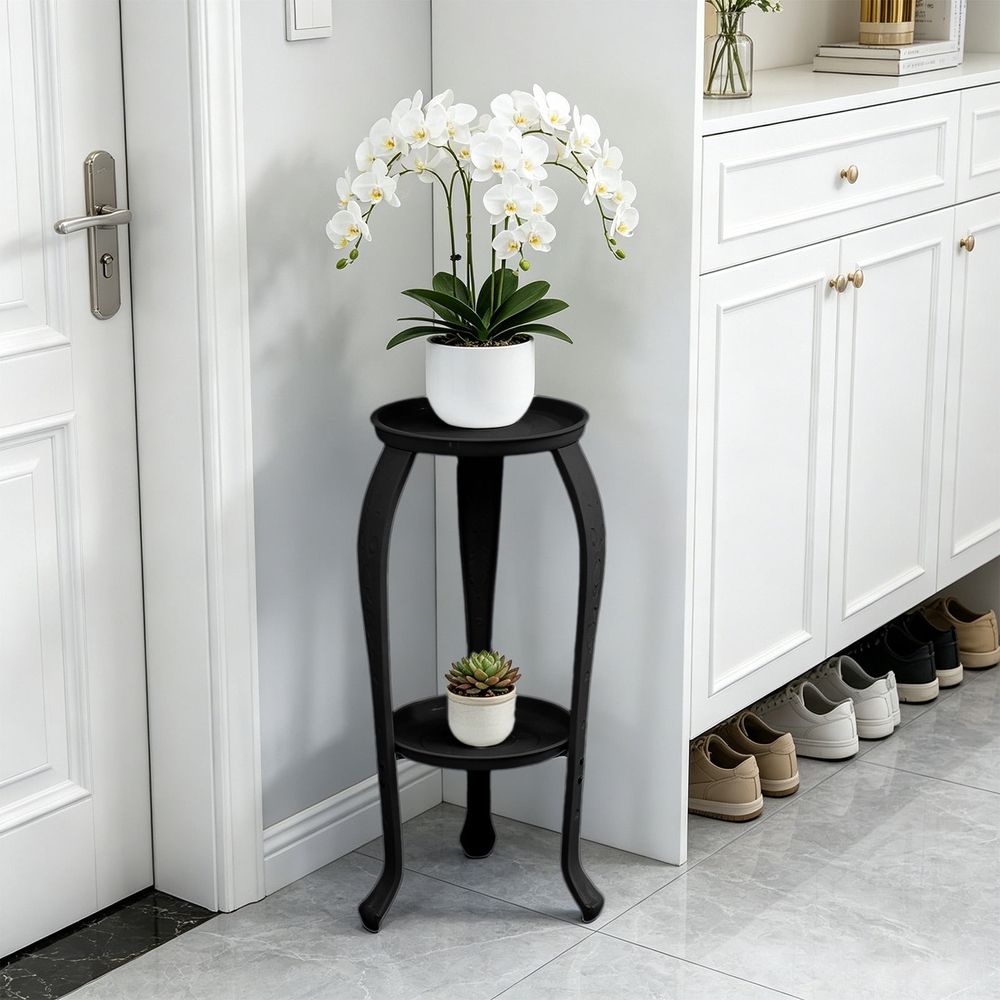 2 Tier Rustproof Wrought Iron Plant Stand, Minimalist White Black Flower Pot Display Holder, Stable Space Saving Rack for Indoor Balcony Patio Garden Home Decor