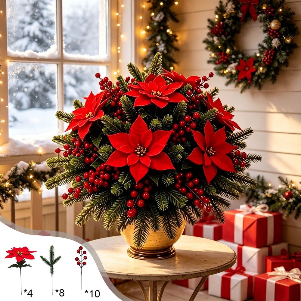 Artificial Poinsettia Flower Bouquet, Holiday Floral Arrangement with Pine Needles and Berries, Christmas Centerpiece Decor for Dining Table and Entryway, 11.8 in