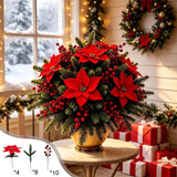 Artificial Poinsettia Flower Bouquet, Holiday Floral Arrangement with Pine Needles and Berries, Christmas Centerpiece Decor for Dining Table and Entryway, 11.8 in