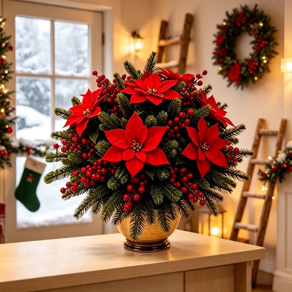 Artificial Poinsettia Flower Bouquet, Holiday Floral Arrangement with Pine Needles and Berries, Christmas Centerpiece Decor for Dining Table and Entryway, 11.8 in