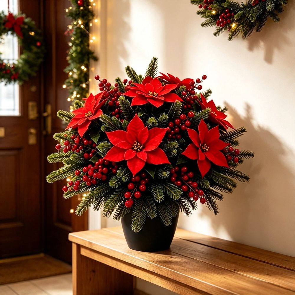 Artificial Poinsettia Flower Bouquet, Holiday Floral Arrangement with Pine Needles and Berries, Christmas Centerpiece Decor for Dining Table and Entryway, 11.8 in