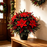 Artificial Poinsettia Flower Bouquet, Holiday Floral Arrangement with Pine Needles and Berries, Christmas Centerpiece Decor for Dining Table and Entryway, 11.8 in