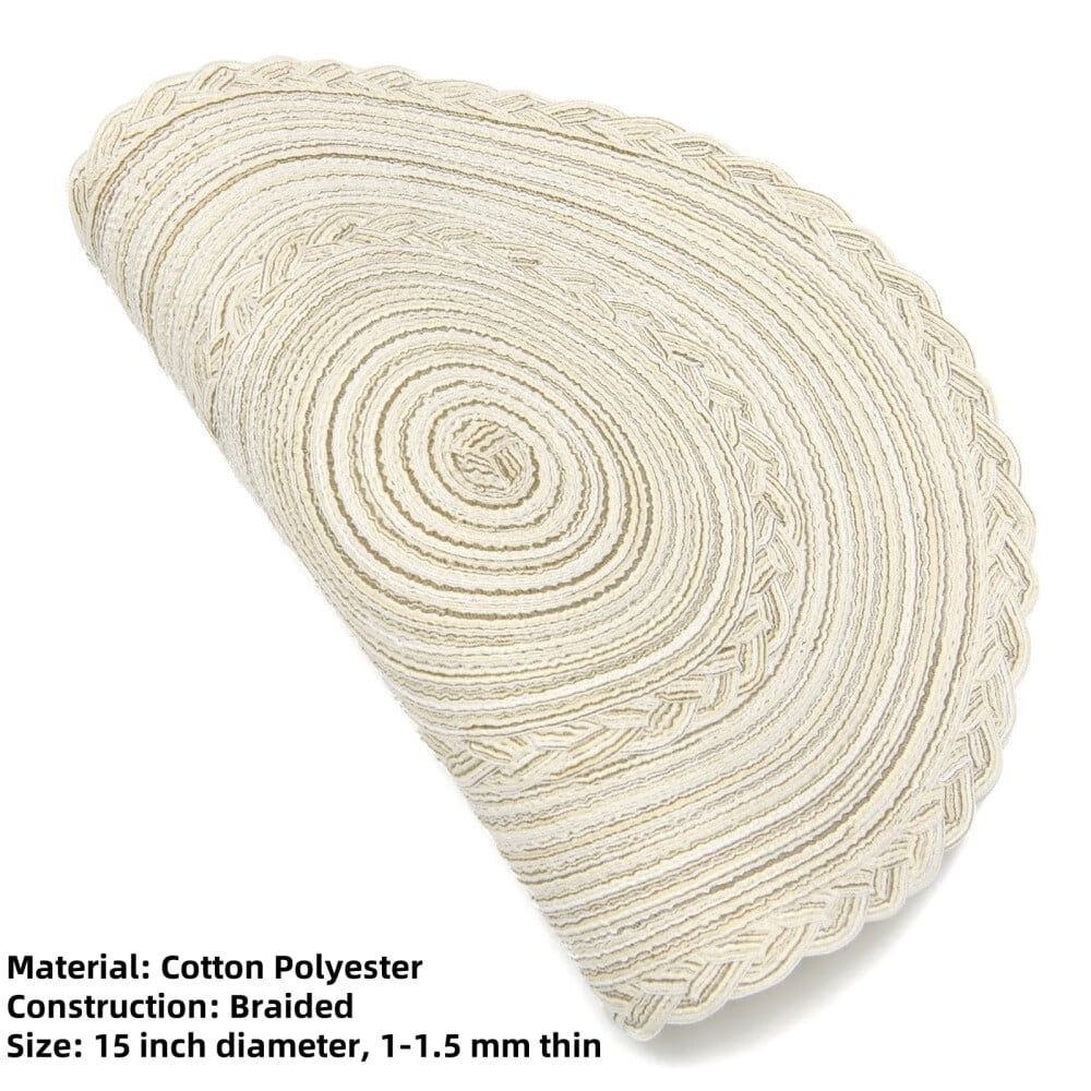 Boho Round Placemats Set of 8 Braided Border Round Place Mats 15 inch Washable Dining Table Mats for Home Wedding Holiday Party (Ivory Bordered,8)