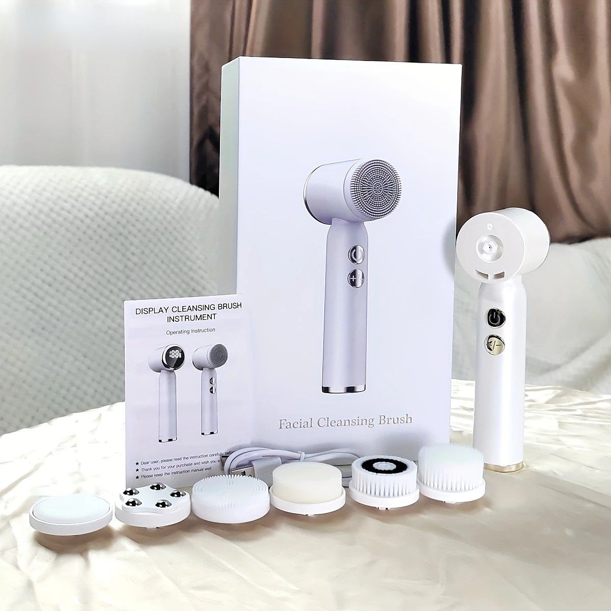 6-in-1 Electric Facial Cleanser, 3-Speed, LED Display（WHITE）