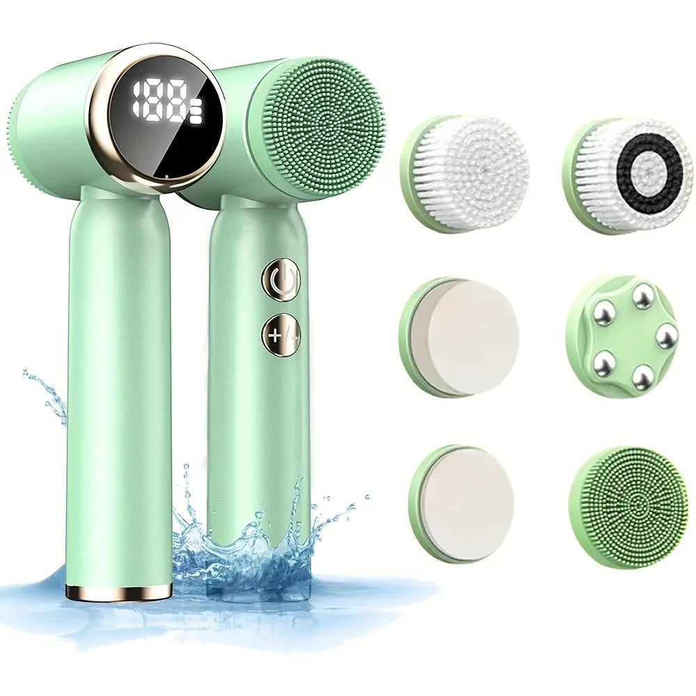 6-in-1 Electric Facial Cleanser, 3-Speed, LED Display（WHITE）