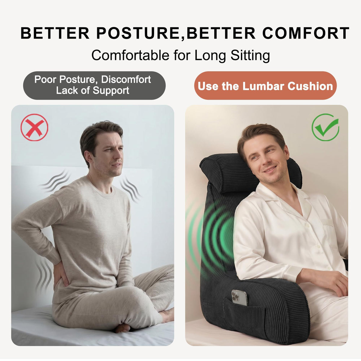 Versatile Reading Backrest Pillow for Bed, Sofa and Lounging at Home, 80*40*60cm (Dark Black)