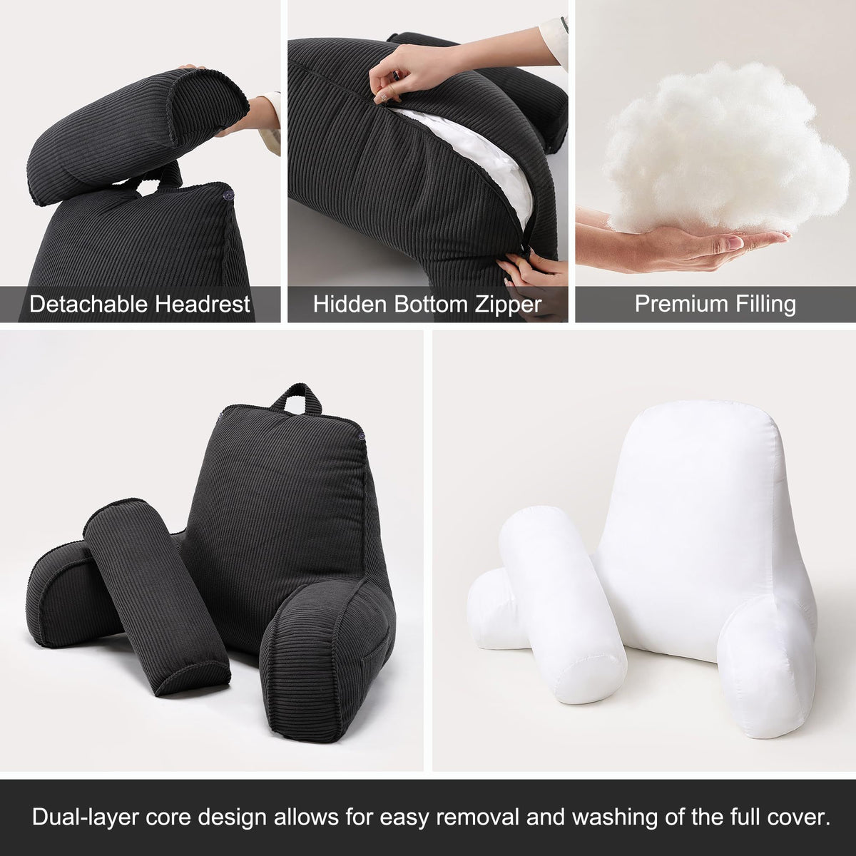 Versatile Reading Backrest Pillow for Bed, Sofa and Lounging at Home, 80*40*60cm (Dark Black)