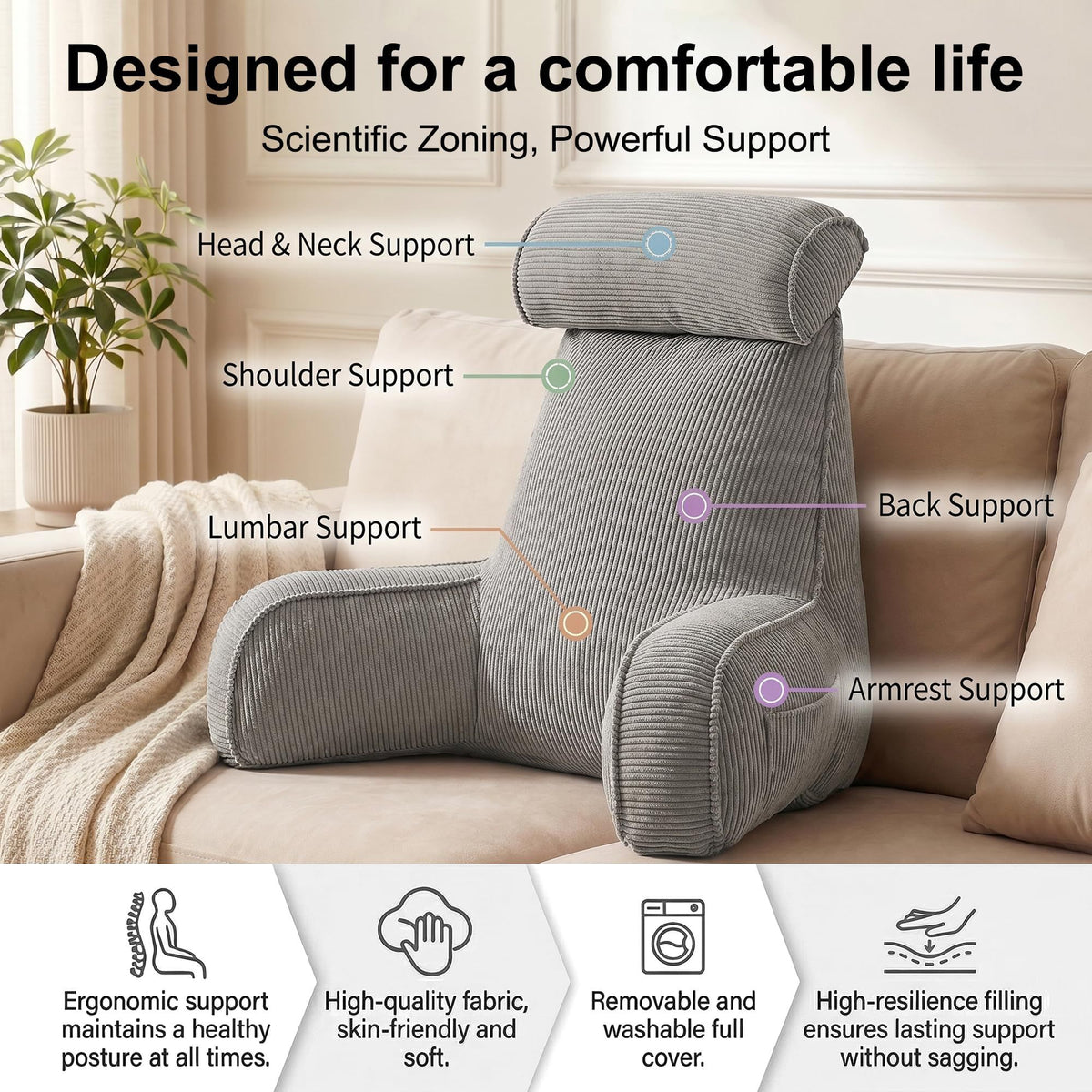 Comfortable Reading Pillow with Armrests for Bed & Sofa Relaxation, Gaming, and Lazy Days, 80*40*60cm (light gray)