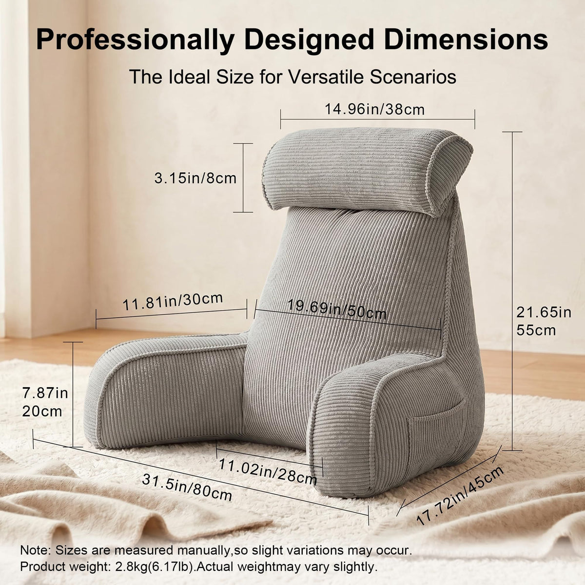 Comfortable Reading Pillow with Armrests for Bed & Sofa Relaxation, Gaming, and Lazy Days, 80*40*60cm (light gray)