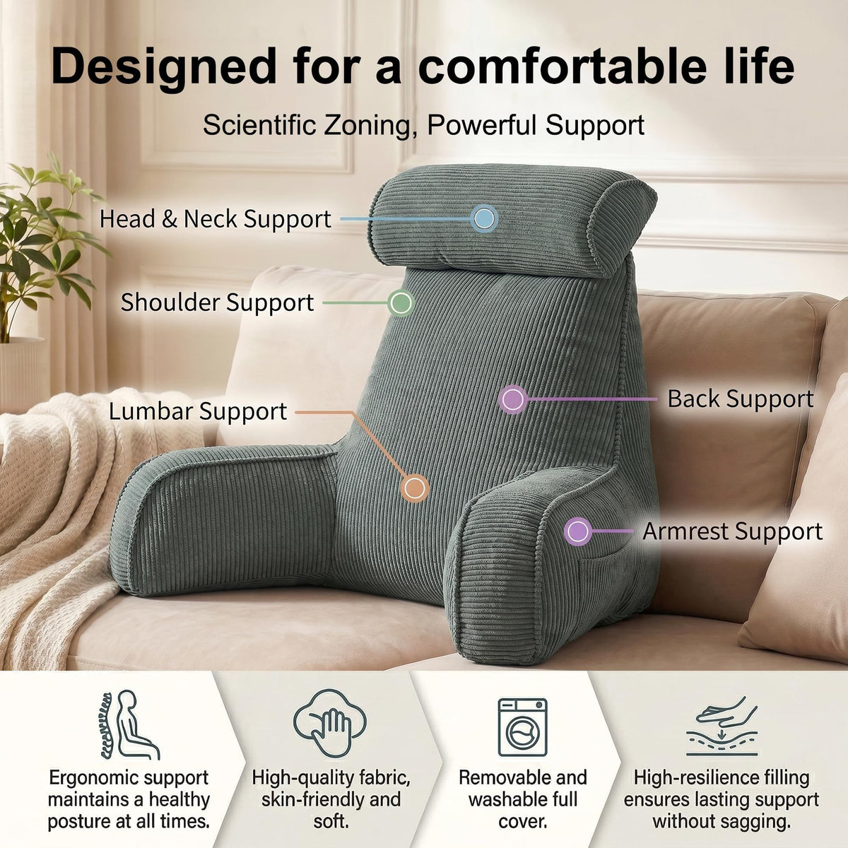 Cozy Reading Pillow for Sofa & Bed - Perfect for Relaxing, Reading, Gaming & More, 80*40*60cm (Dark Grey-Green)