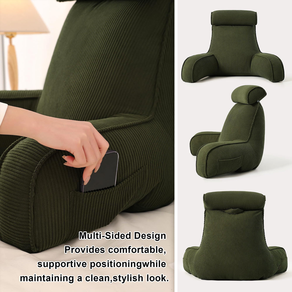 Bedrest Pillow with Arms for Reading, Gaming, Lounging on Bed or Couch, 80*40*60cm (olive green)