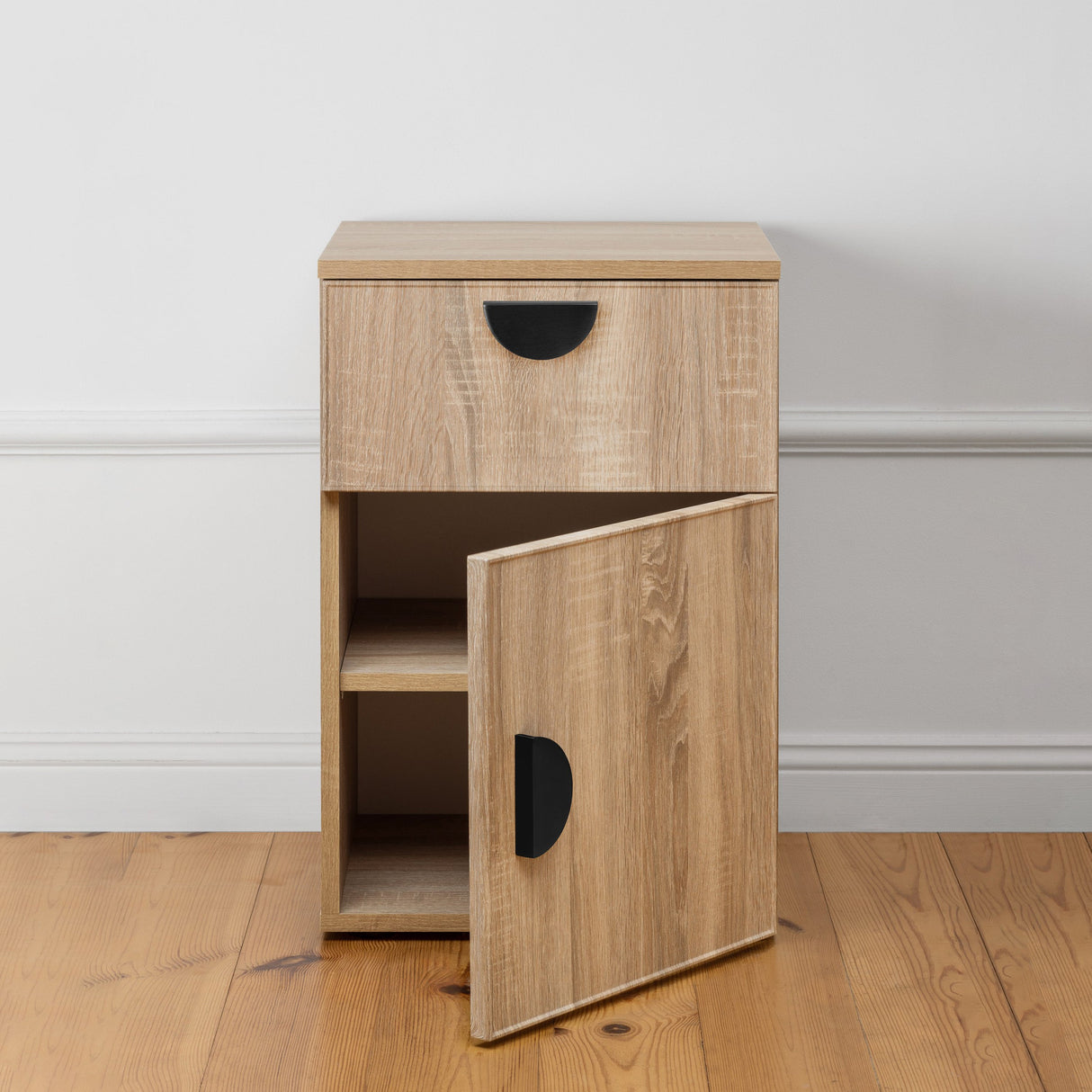 PORTO BEDSIDE TABLE - NATURAL OAK - SLIM - HALF MOON BLACK