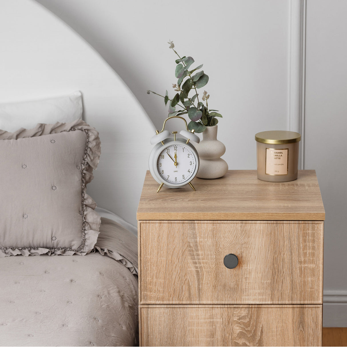 PORTO BEDSIDE TABLE - NATURAL OAK - SLIM - ROUND BLACK